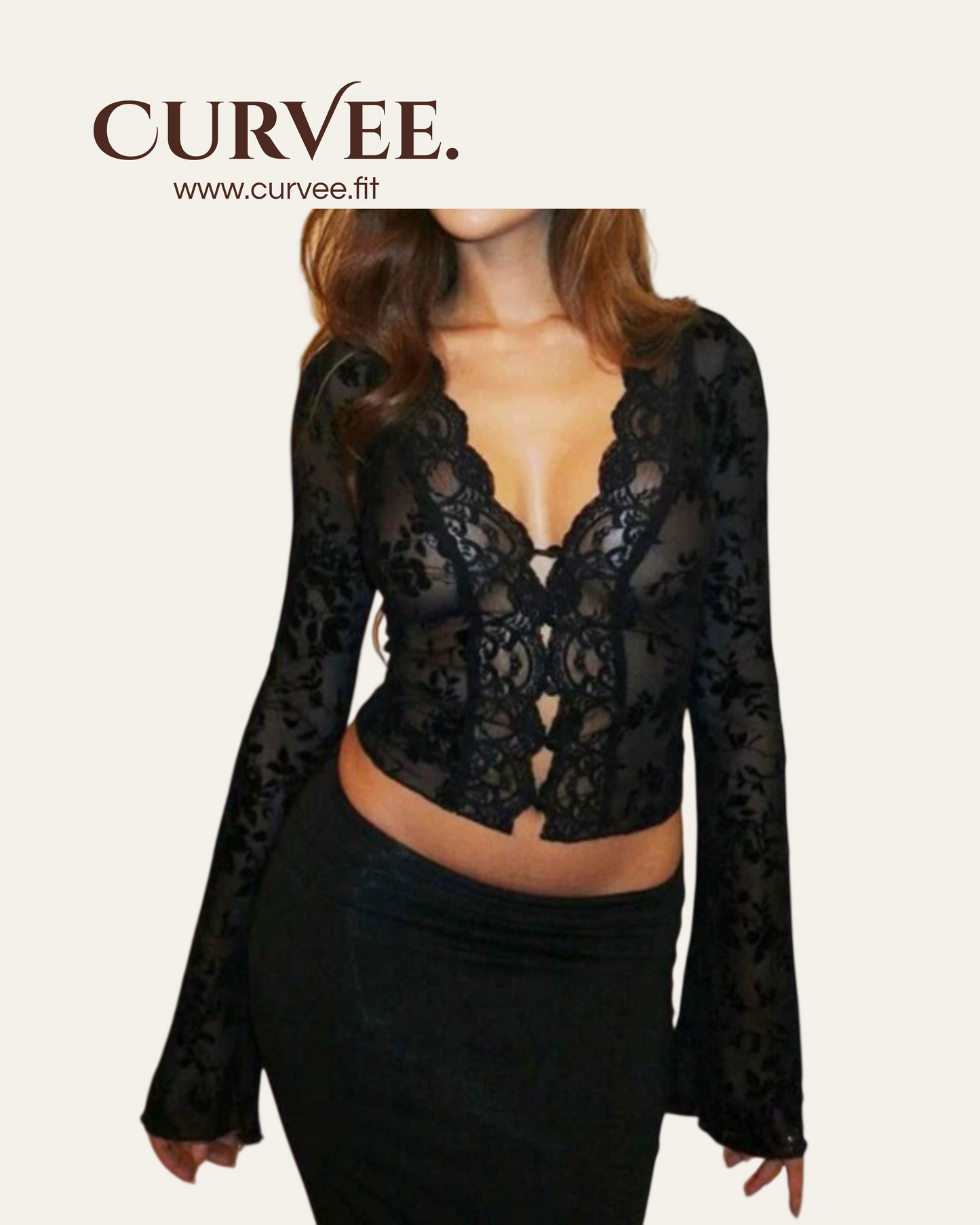 Black Print Lace Micro-Flared Sleeve Top