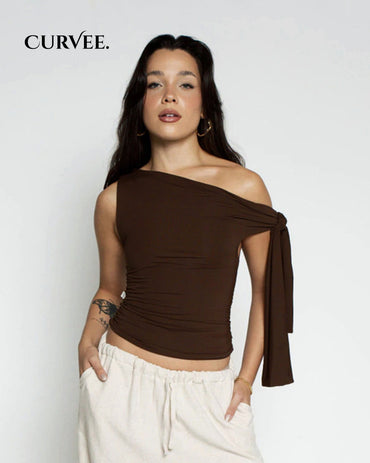 One Shoulder Draped Top with Statement Side Tie