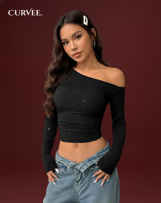 Aww! Rhinestone Slant Shoulder Long Sleeve T-shirt
