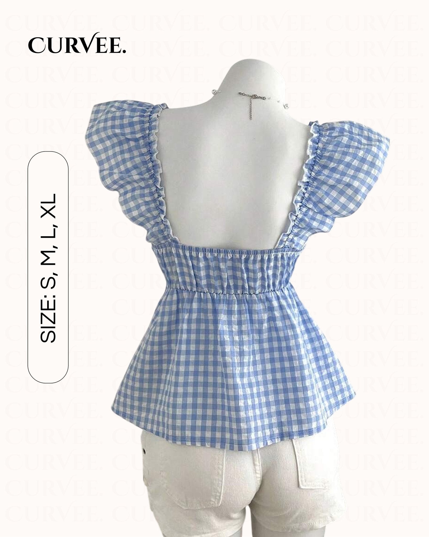 V-Neck Blue and White Plaid Small Flying Sleeve Shirt