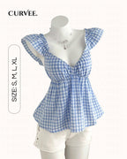 V-Neck Blue and White Plaid Small Flying Sleeve Shirt