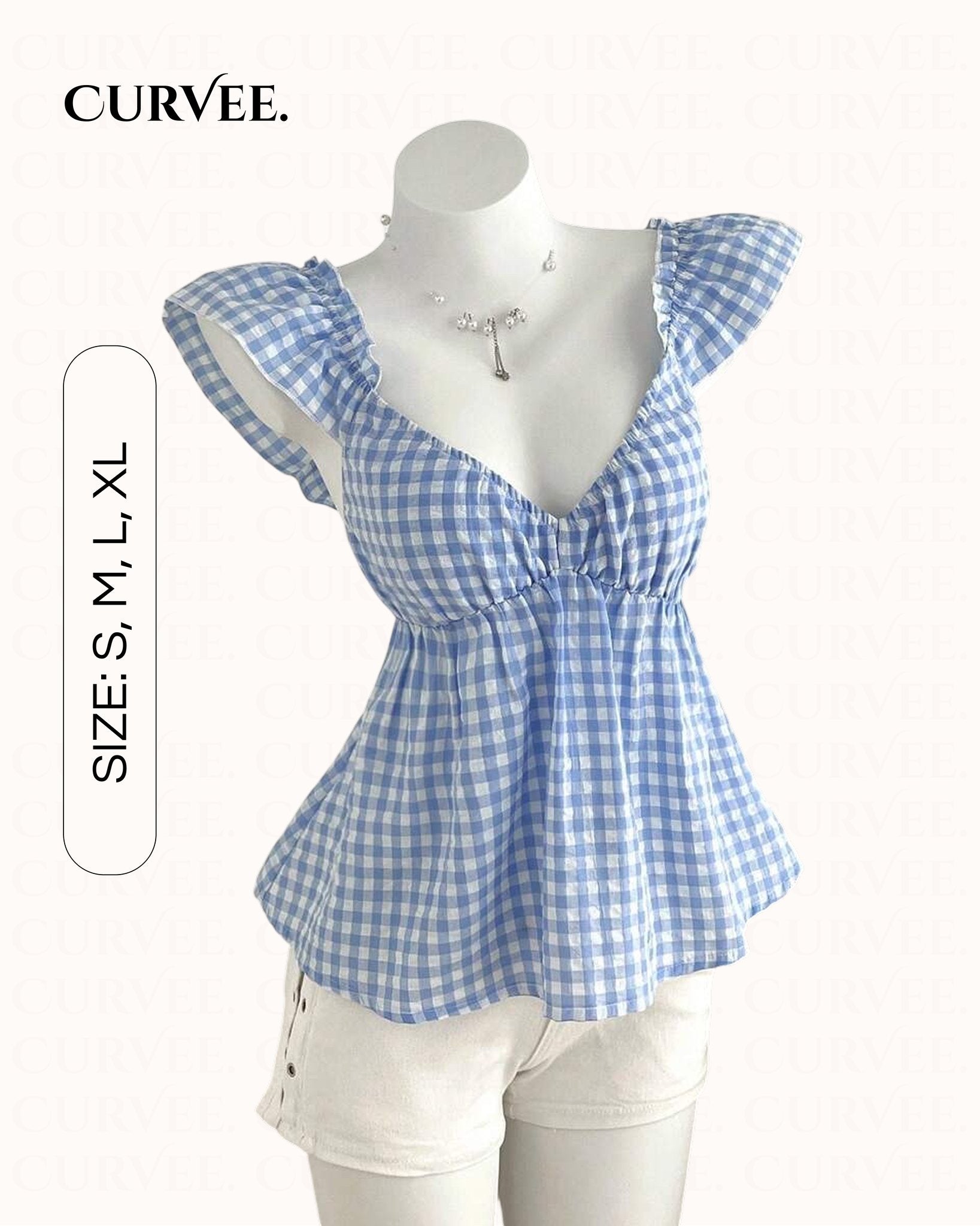 V-Neck Blue and White Plaid Small Flying Sleeve Shirt