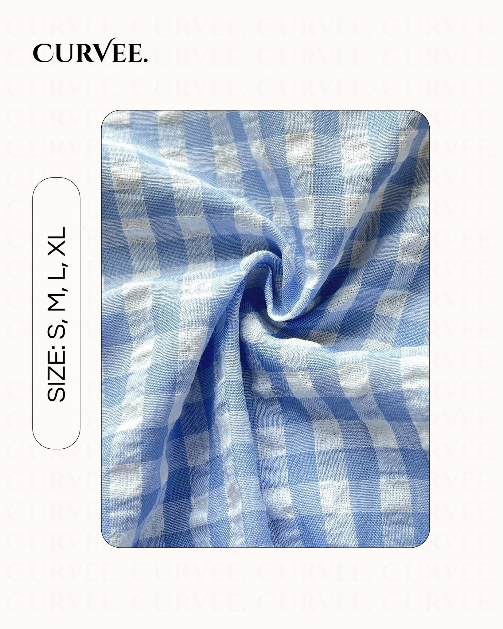 V-Neck Blue and White Plaid Small Flying Sleeve Shirt