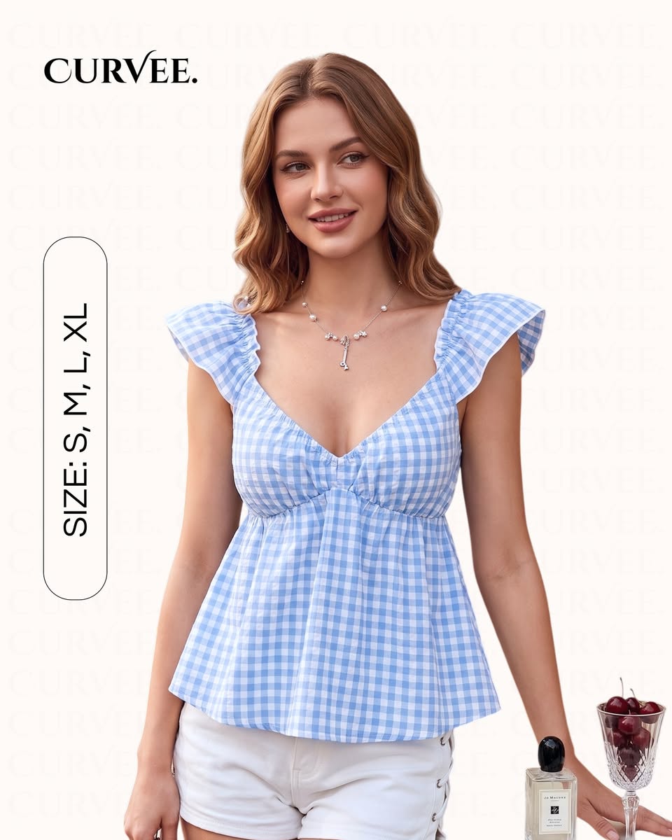 V-Neck Blue and White Plaid Small Flying Sleeve Shirt