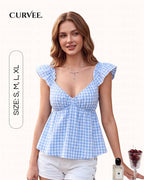 V-Neck Blue and White Plaid Small Flying Sleeve Shirt