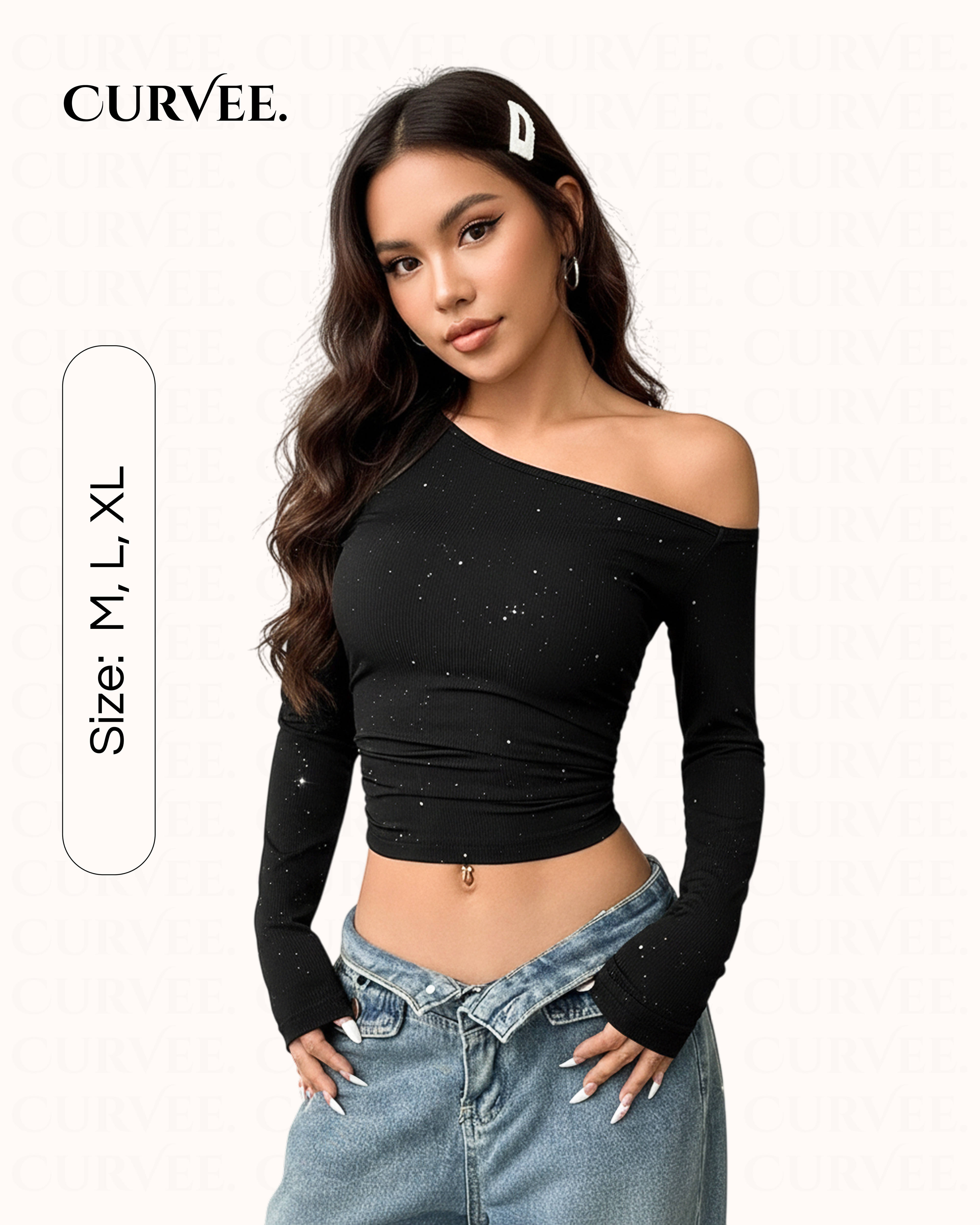 Rhinestone Slant Shoulder Long Sleeve T-shirt