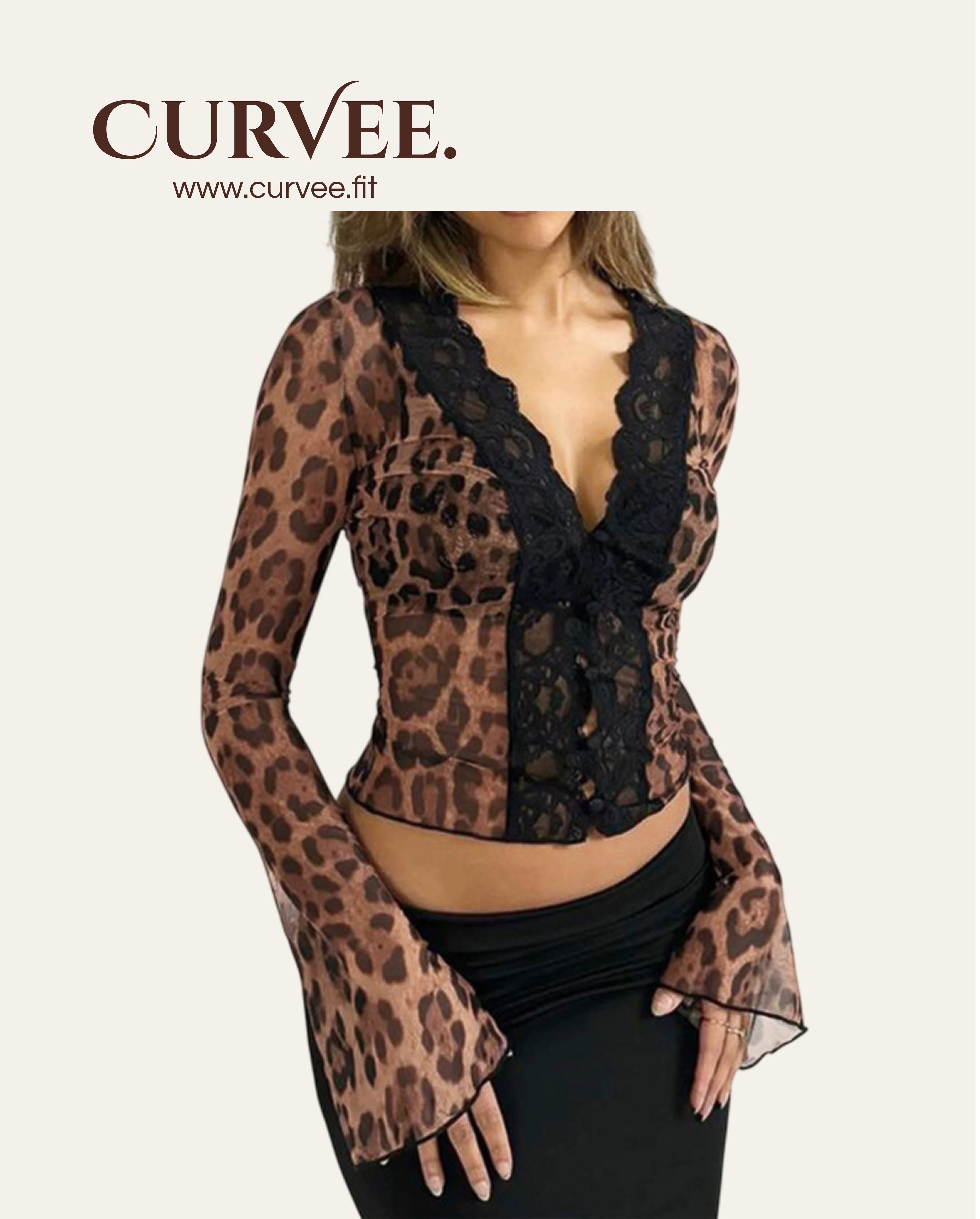 Print Lace Micro-Flared Sleeve Top