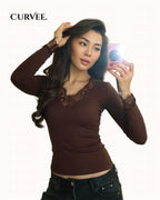 V-Neck Lace Trim Long Sleeve T-Shirt