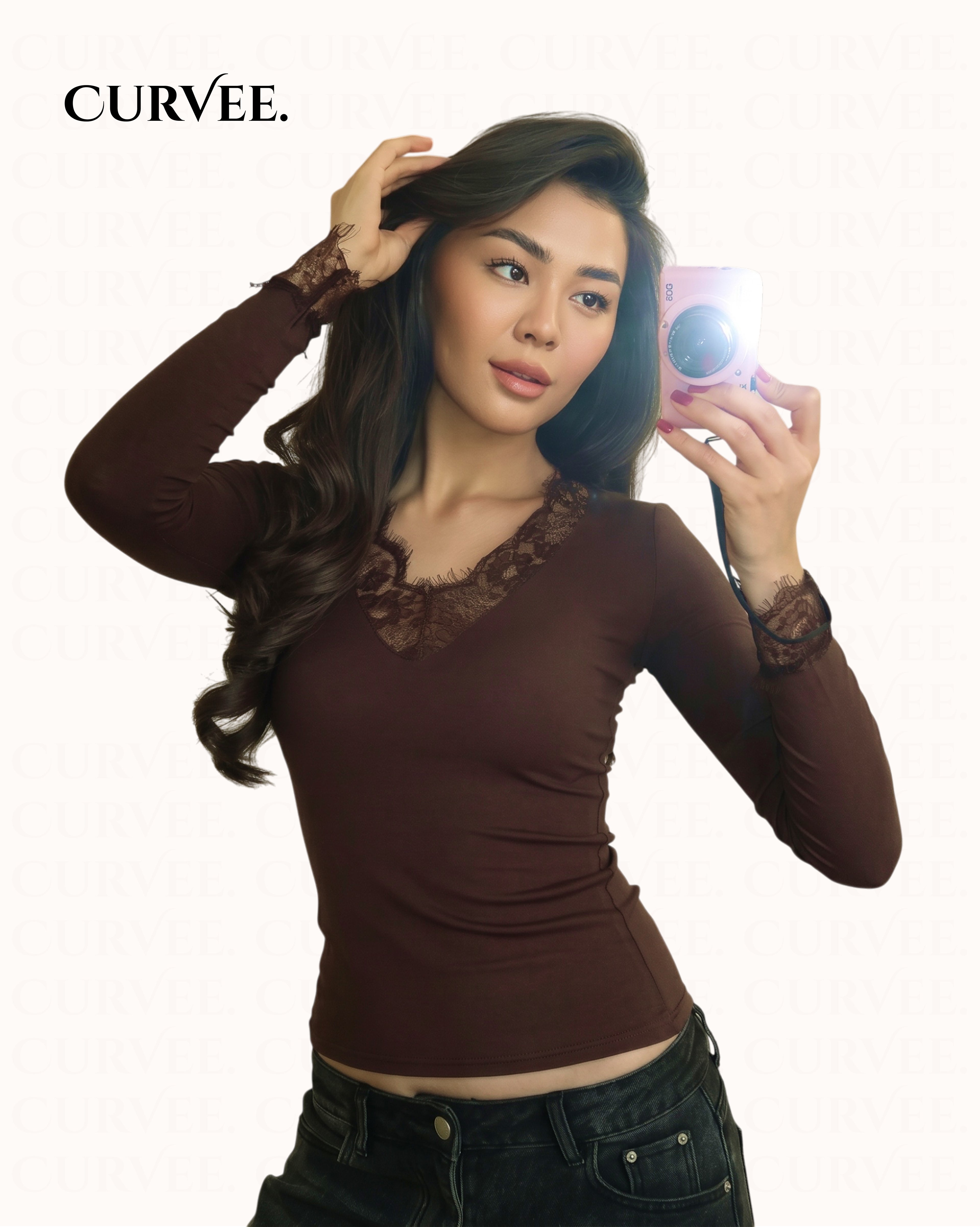 V-Neck Lace Trim Long Sleeve T-Shirt