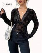 Black Print Lace Micro-Flared Sleeve Top