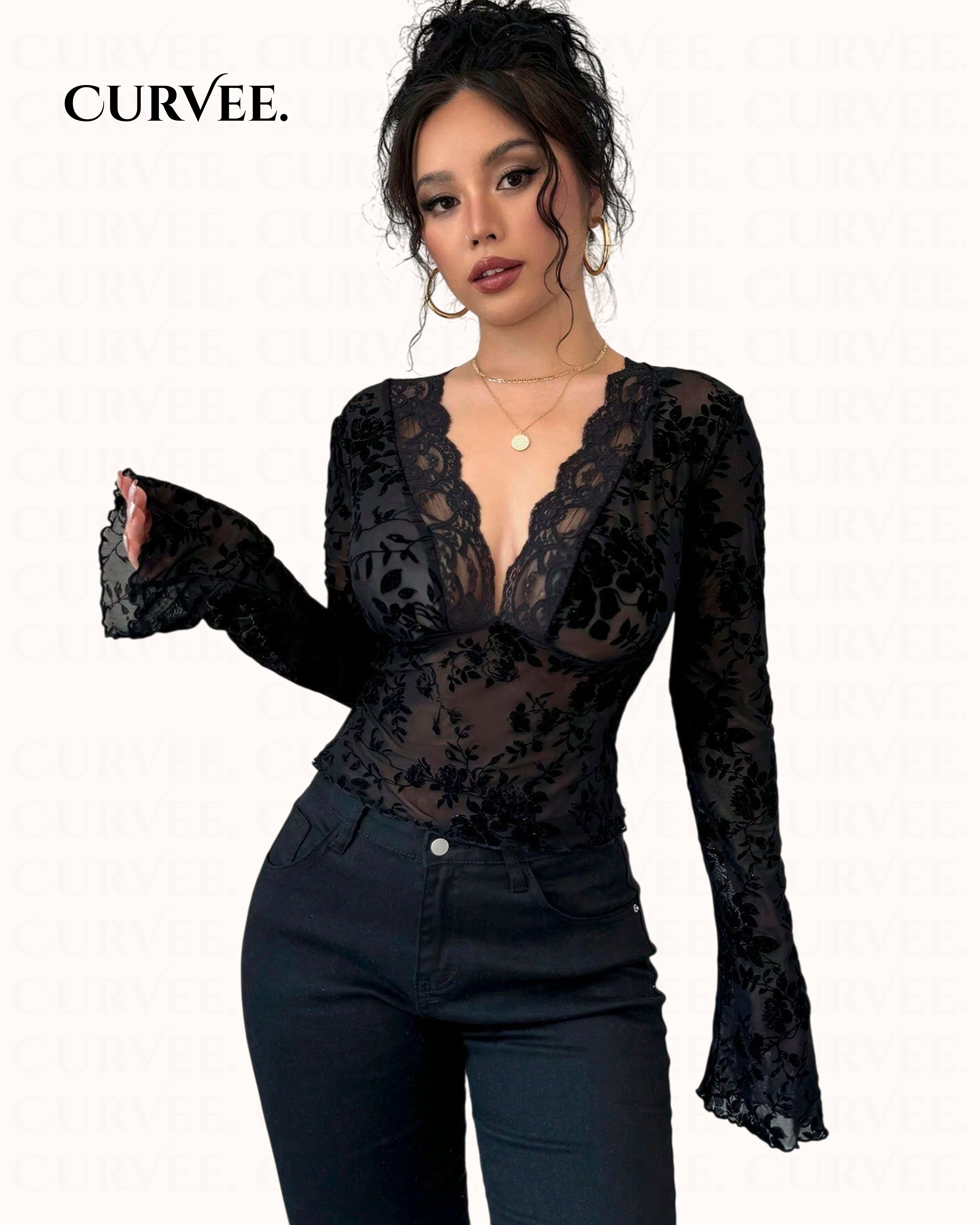 Black Print Lace Micro-Flared Sleeve Top