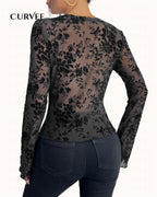 Black Print Lace Micro-Flared Sleeve Top