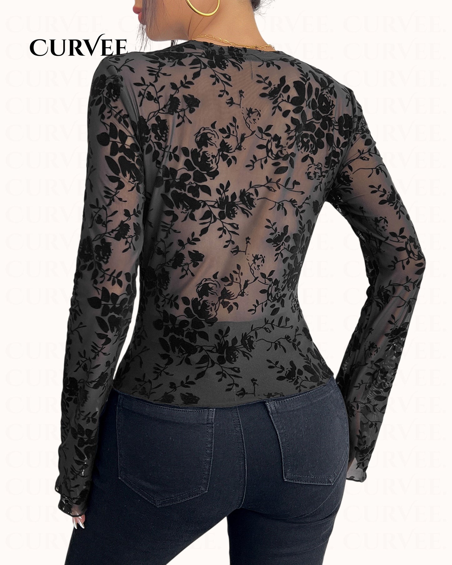 Black Print Lace Micro-Flared Sleeve Top