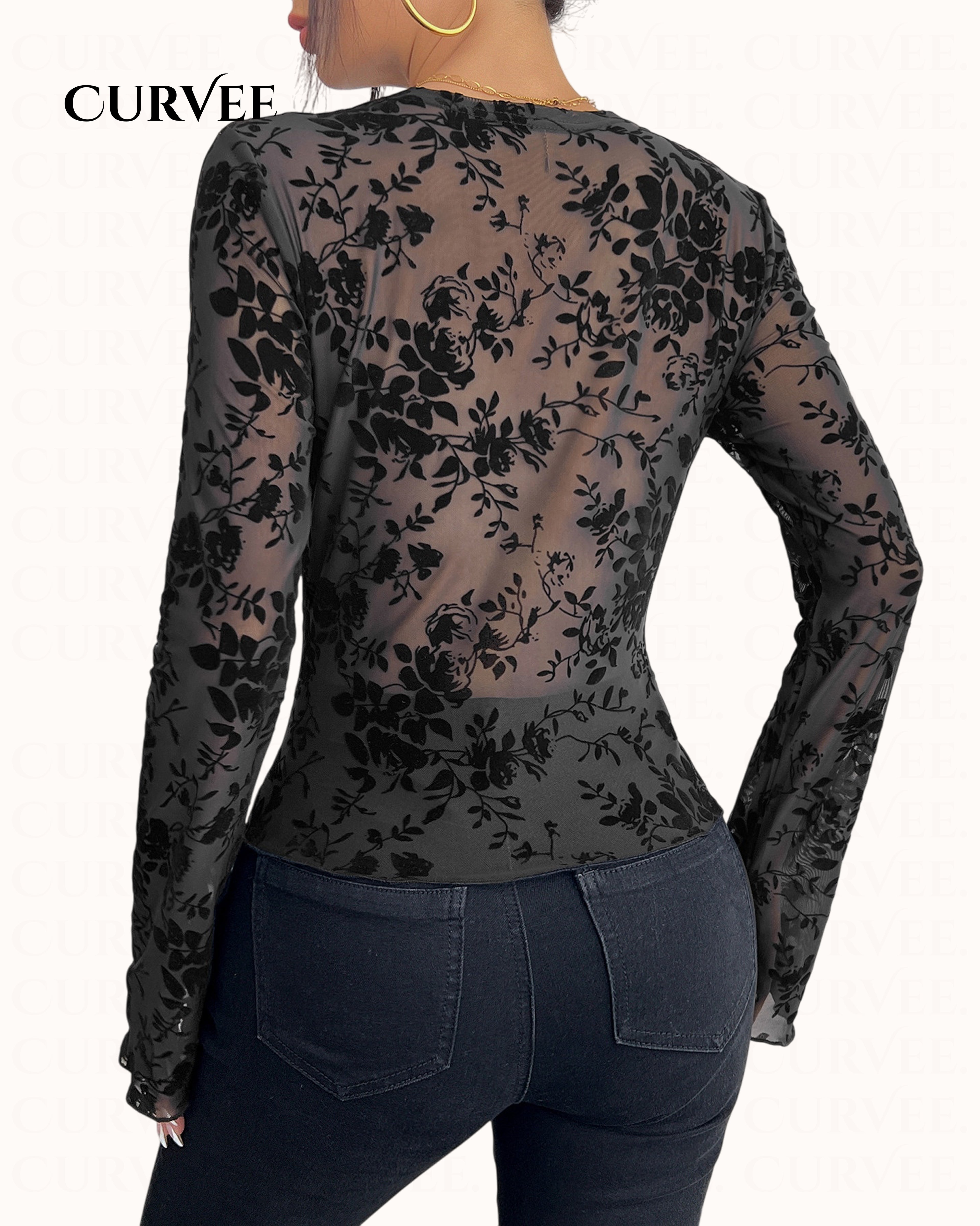 Black Print Lace Micro-Flared Sleeve Top