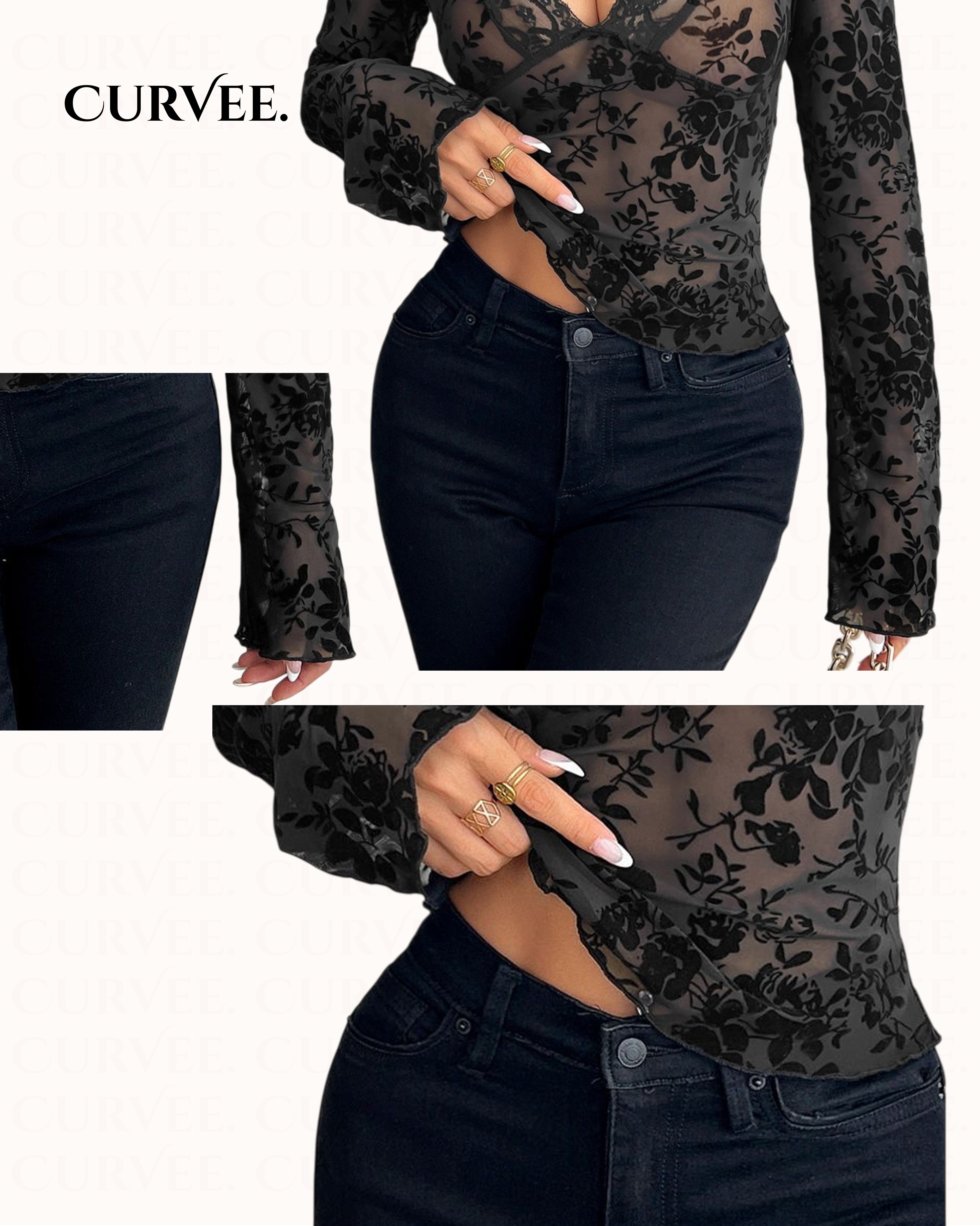 Black Print Lace Micro-Flared Sleeve Top