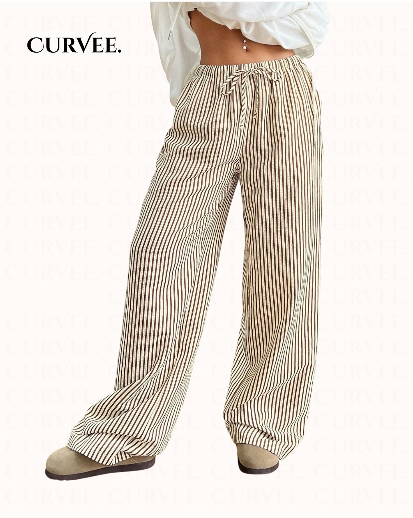 Women's Casual Striped Wide-Leg Long Pants With Drawstring Waist
