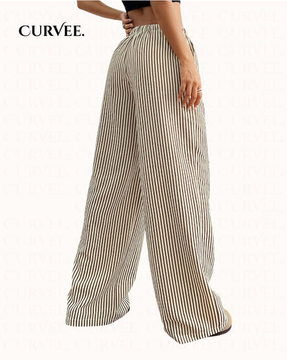Women's Casual Striped Wide-Leg Long Pants With Drawstring Waist