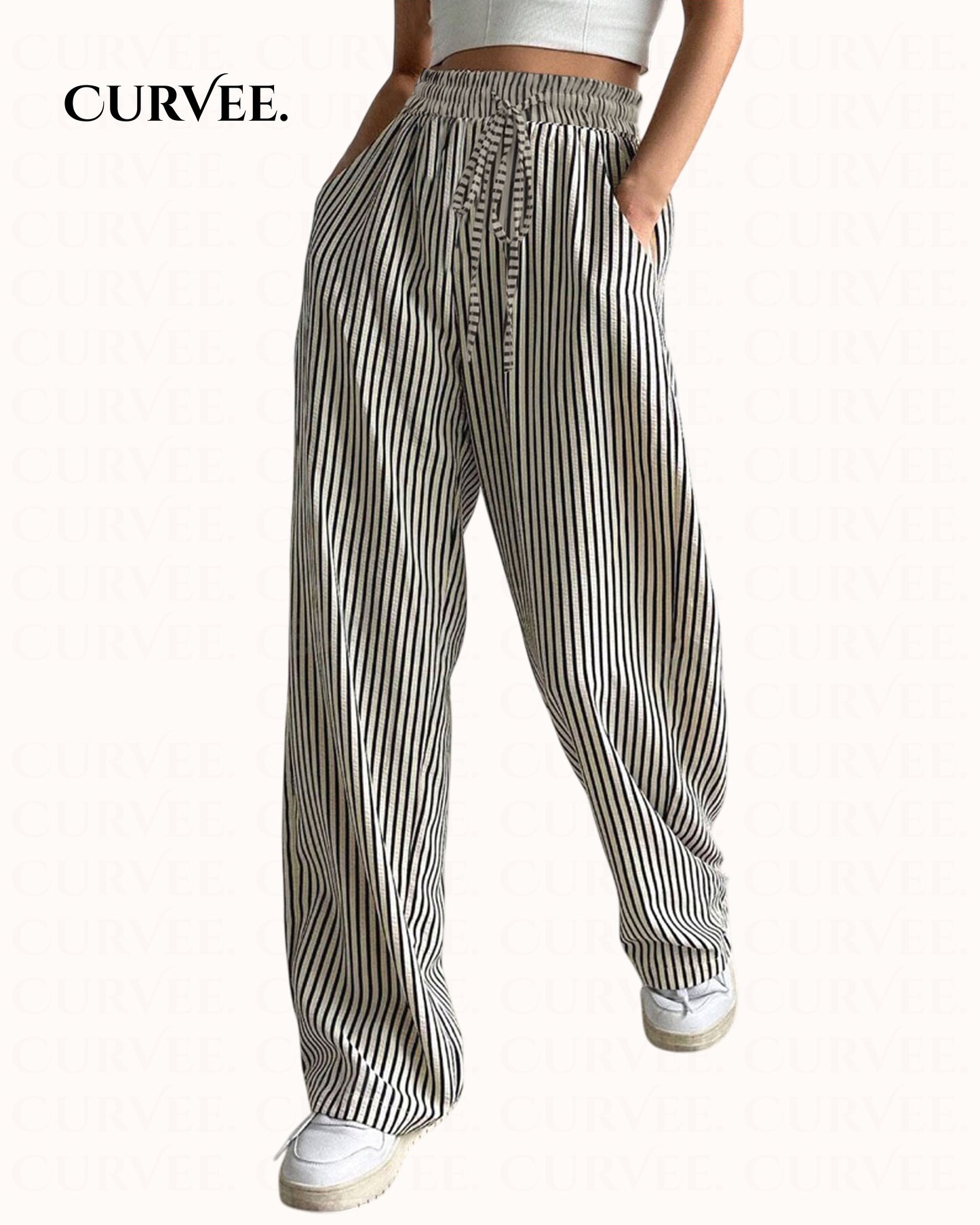 Women's Casual Striped Wide-Leg Long Pants With Drawstring Waist