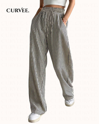 Women's Casual Striped Wide-Leg Long Pants With Drawstring Waist