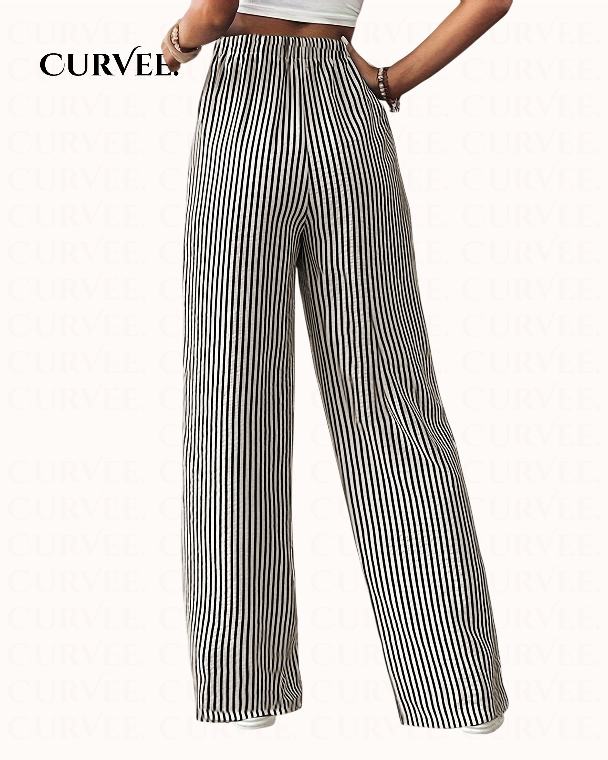 Women's Casual Striped Wide-Leg Long Pants With Drawstring Waist