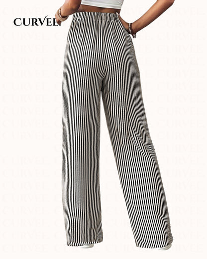 Women's Casual Striped Wide-Leg Long Pants With Drawstring Waist