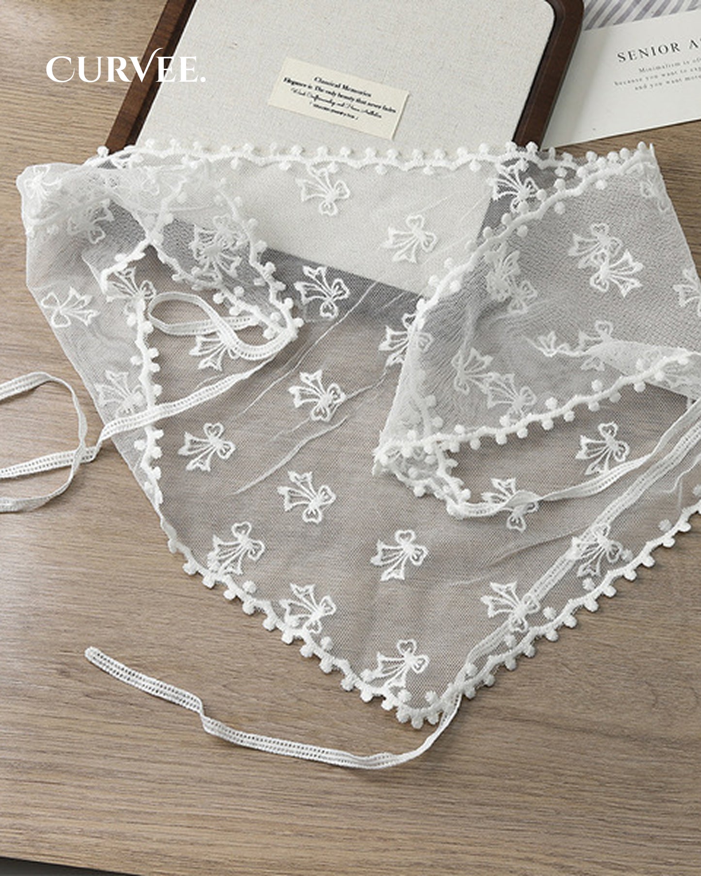 Square Mesh Bow Lace Scarf White