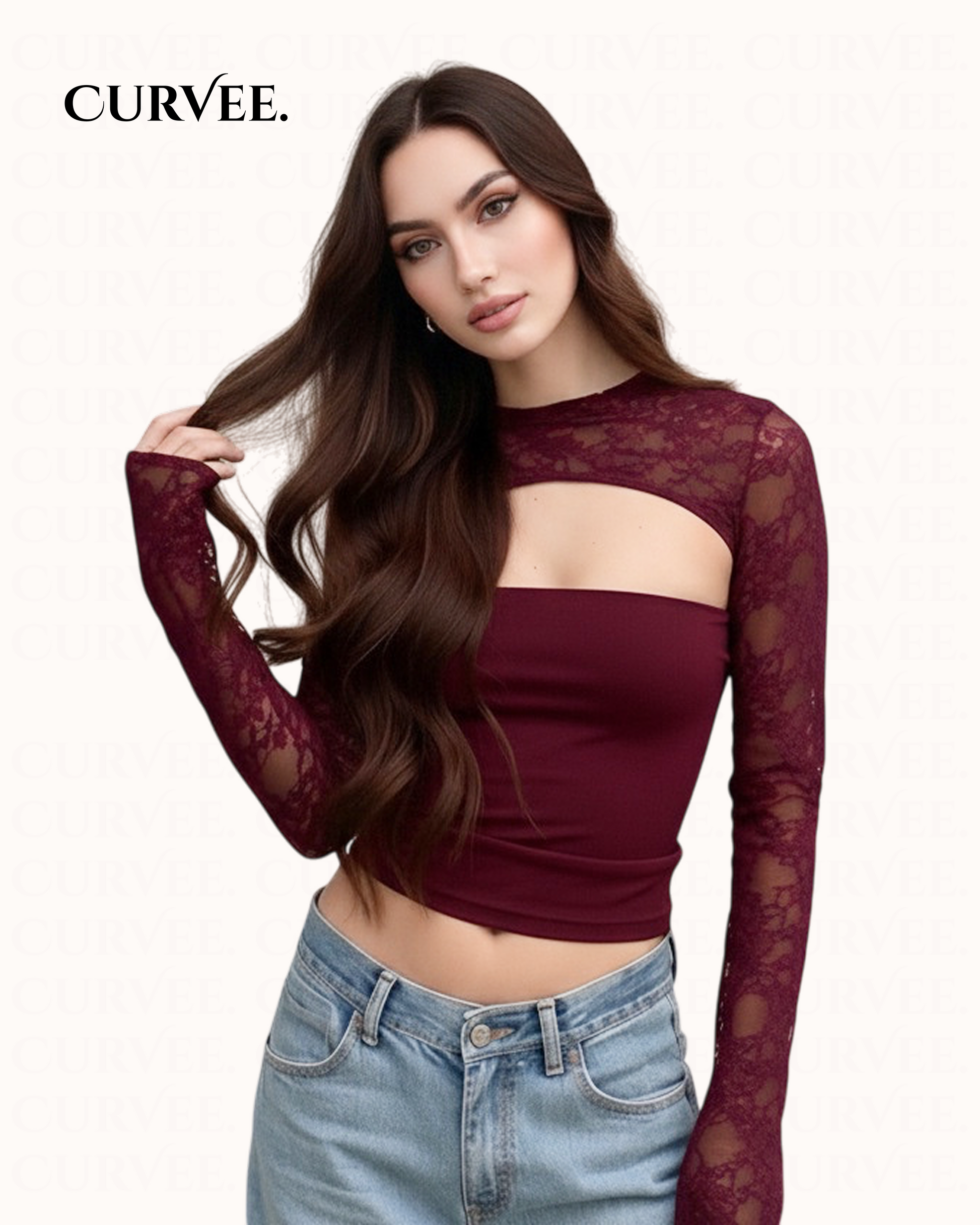Lace Design Bell-Sleeve Figure-Flattering Top