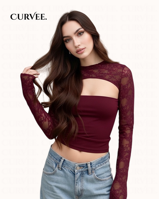 Lace Design Bell-Sleeve Figure-Flattering Top