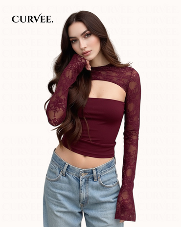 Lace Design Bell-Sleeve Figure-Flattering Top
