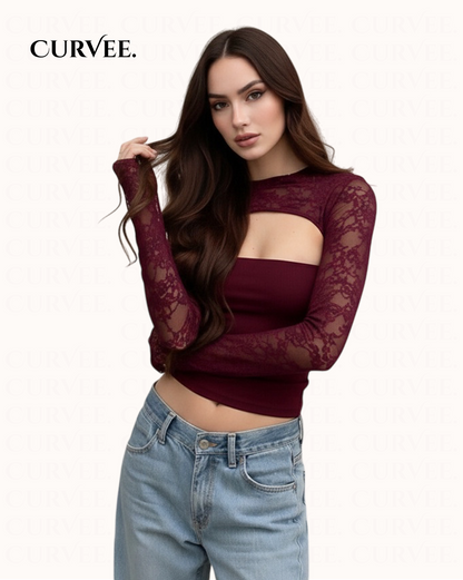 Lace Design Bell-Sleeve Figure-Flattering Top