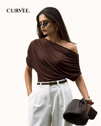 Ruched One-Shoulder Personalized Waist-Cinching T-Shirt Top