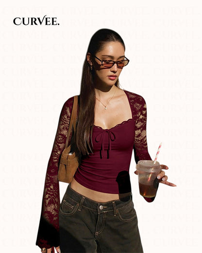 Lace Splicing See-Through Lace-Up Long-Sleeved Tops