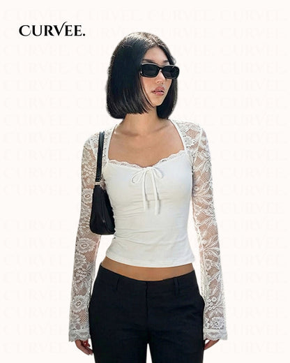 Lace Splicing See-Through Lace-Up Long-Sleeved Tops