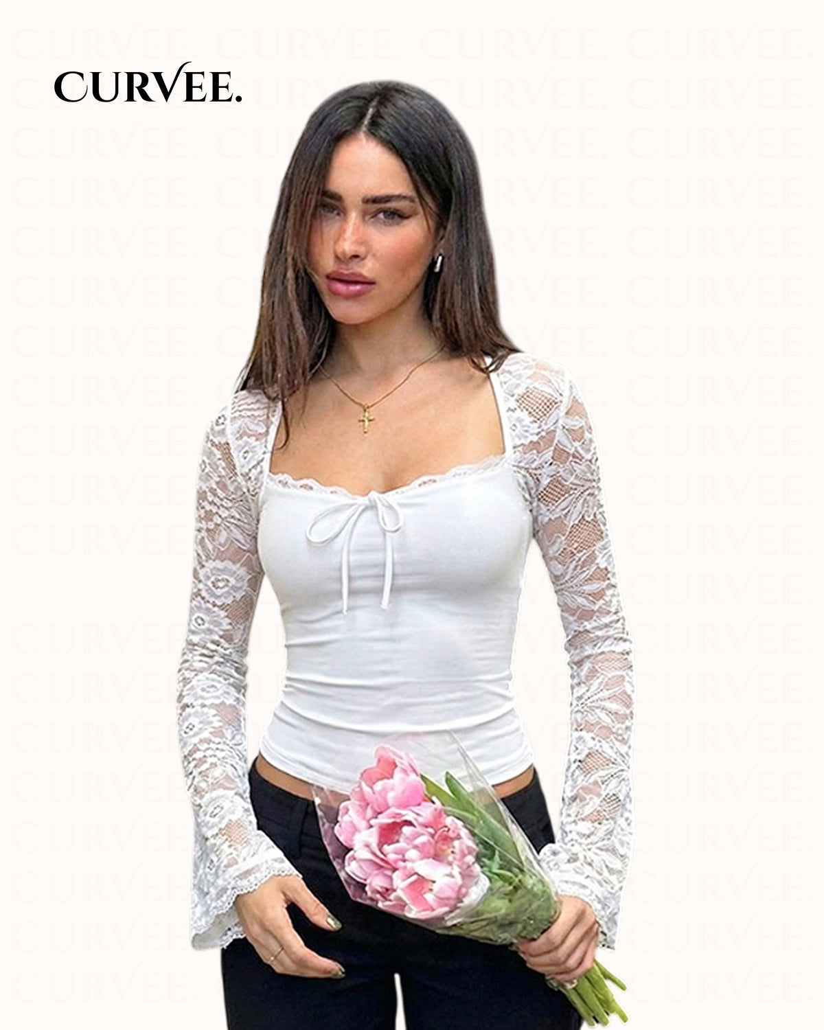 Lace Splicing See-Through Lace-Up Long-Sleeved Tops