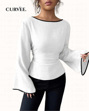 Casual Versatile Waist-Cinching Boat Neck Top