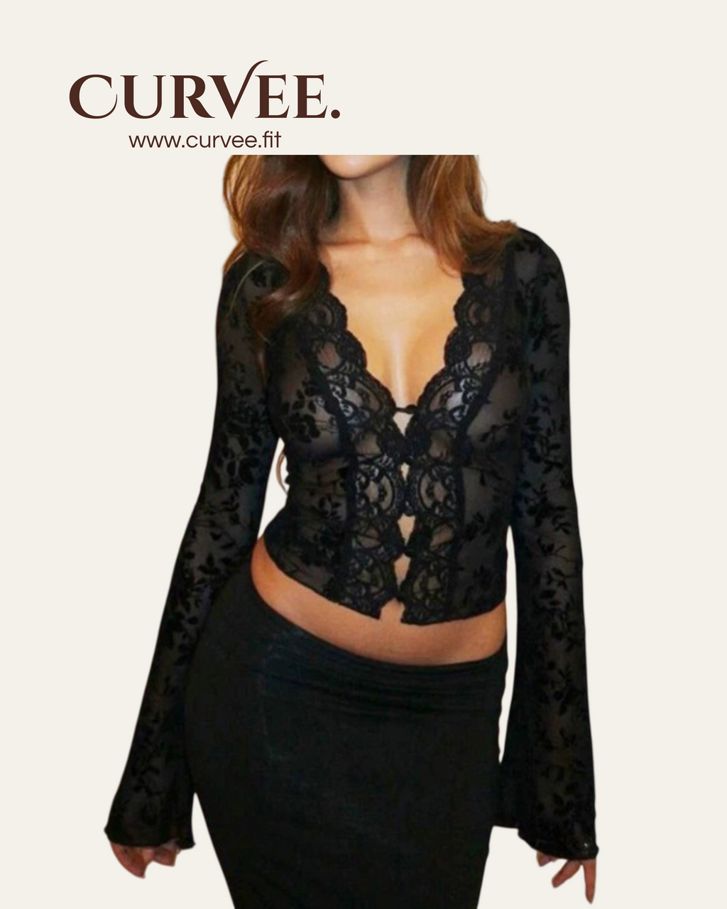 Print Lace Micro-Flared Sleeve Top