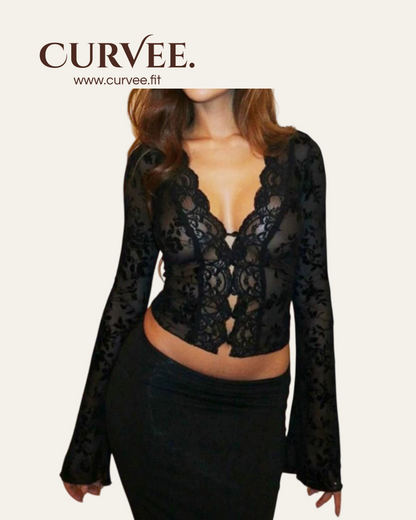 Black Print Lace Micro-Flared Sleeve Top