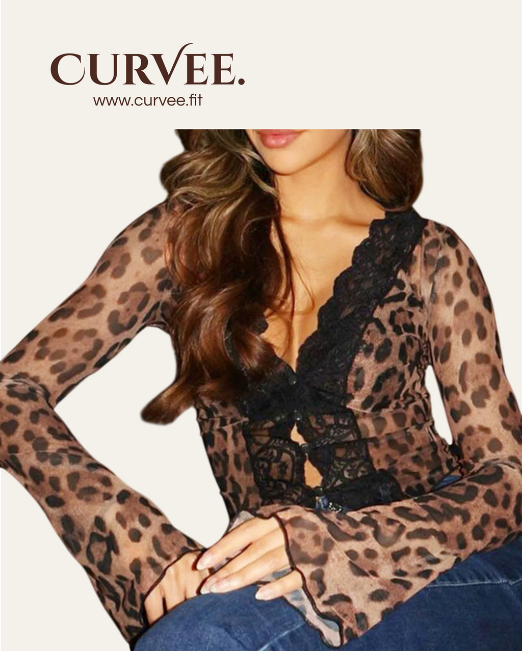 Print Lace Micro-Flared Sleeve Top