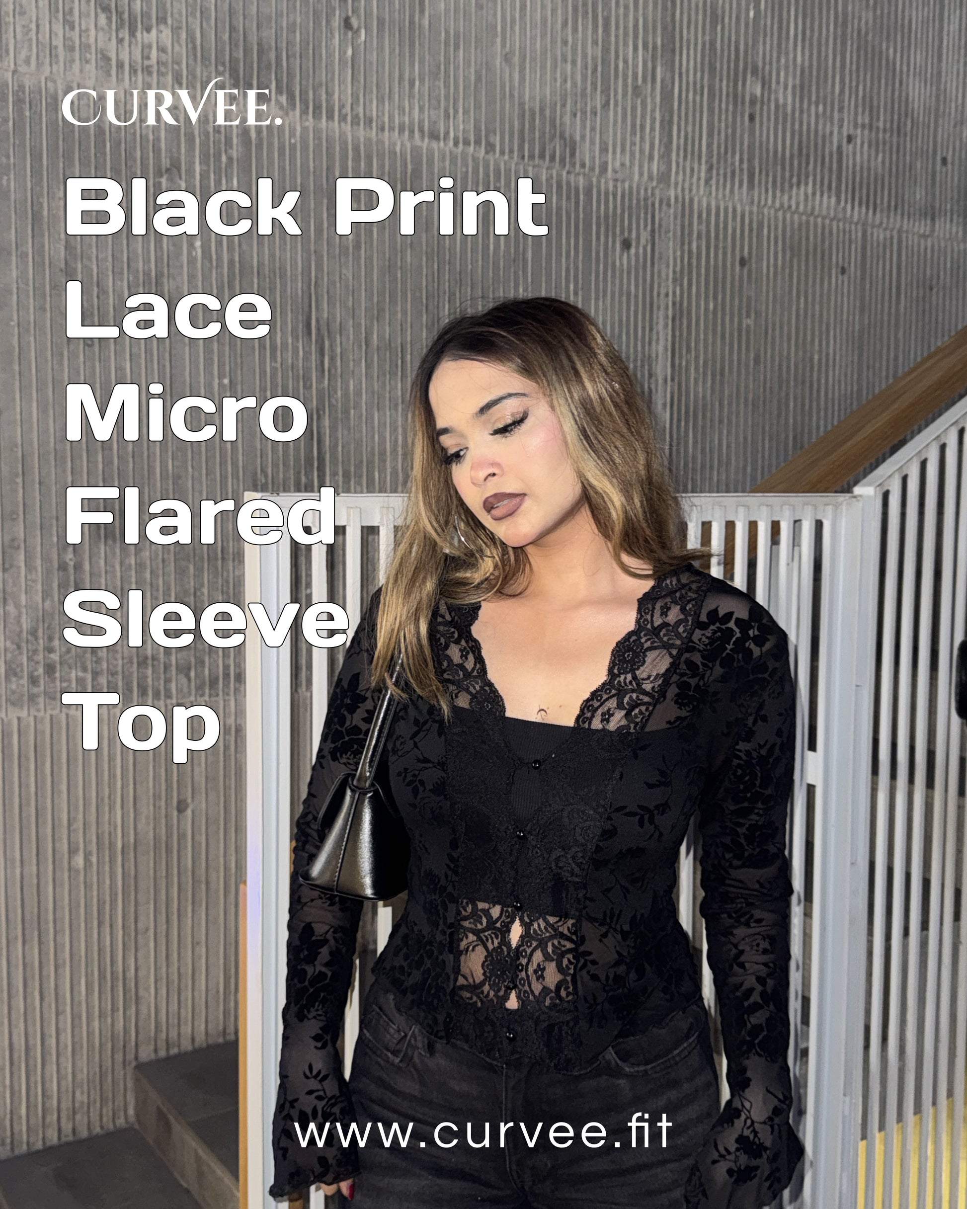 Black Print Lace Micro-Flared Sleeve Top