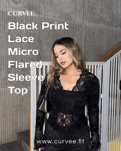 Black Print Lace Micro-Flared Sleeve Top