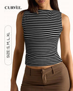 Thin Striped Versatile Slim-Fit Slimming Sleeveless T-Shirt Top