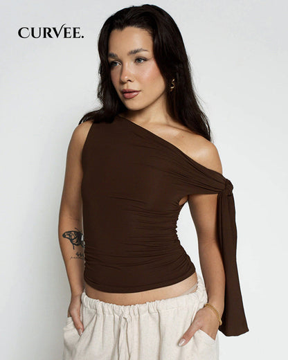 One Shoulder Draped Top with Statement Side Tie