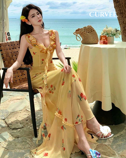 Yellow Lotus Leaf Beautiful Floral Suspender Dress