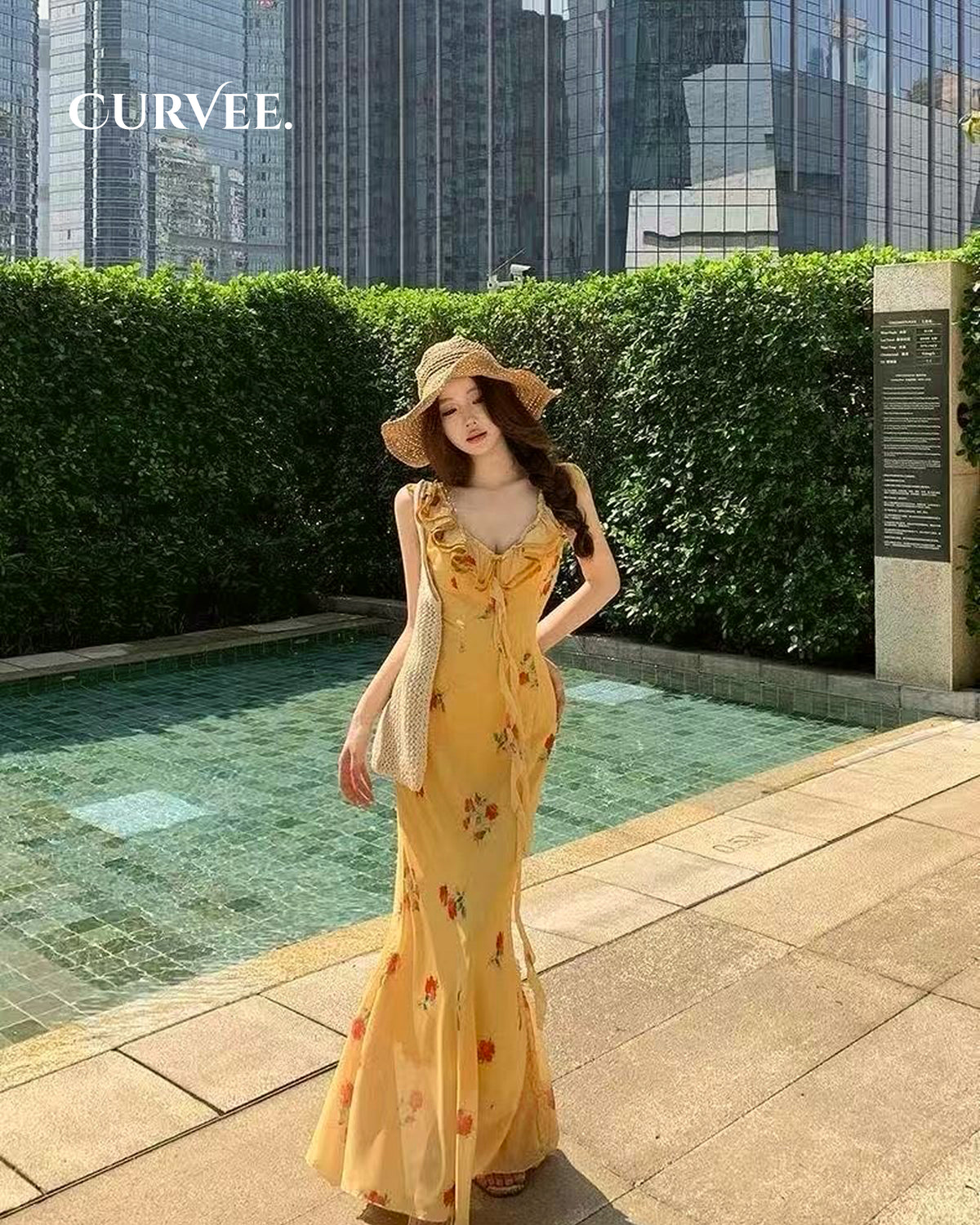 Yellow Lotus Leaf Beautiful Floral Suspender Dress
