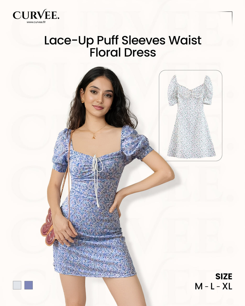 Lace-Up Puff Sleeves Waist Floral Dress