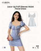 Lace-Up Puff Sleeves Waist Floral Dress