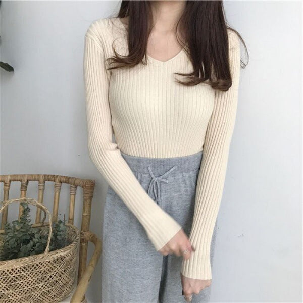 V-neck warm long-sleeved T-shirt