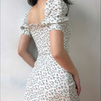 Lace-Up Puff Sleeves Waist Floral Dress