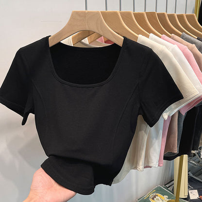 Square Collar Shoulder White Short-sleeved T-shirt