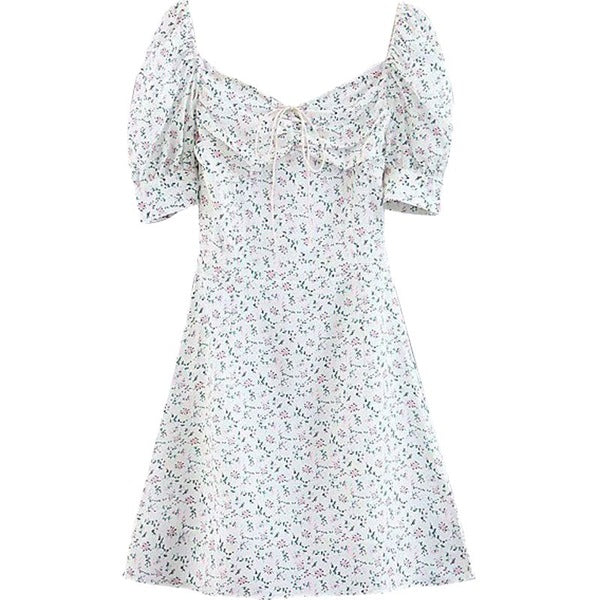 Lace-Up Puff Sleeves Waist Floral Dress